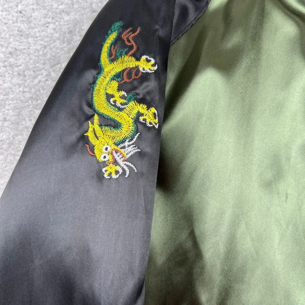 American Stitch Mens XL Bomber Jacket Olive Green Black Dragon Embroidered Satin